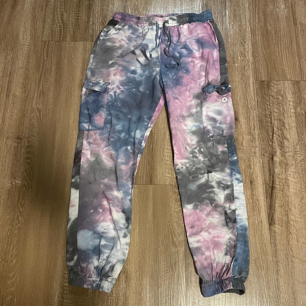 Like an Angel Women Joggers Size L Pink Blue Tie Dye Rayon Cargo Utility Pants